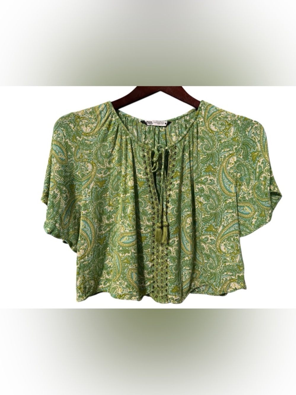 Zara Cropped Paisley Blouse Top Boho Indie Size Medium Festive with ties